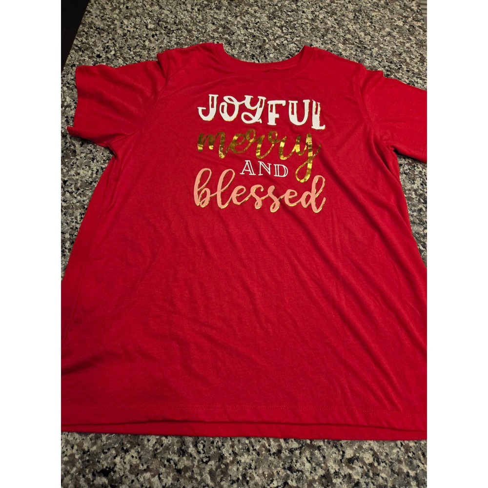 Holiday Time Red Joyful Merry Blessed Graphic Tee Shirt XL 16-18‎ Gold Foil